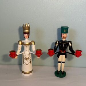 German Angel and Miner Wooden Candle Holder Figurines
